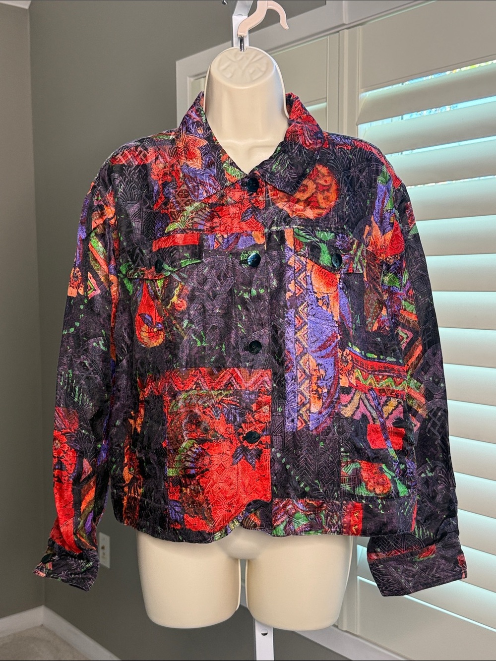 Chico's Multicolor Patchwork Quilted Jean Jacket — Red, Purple & Green Accents